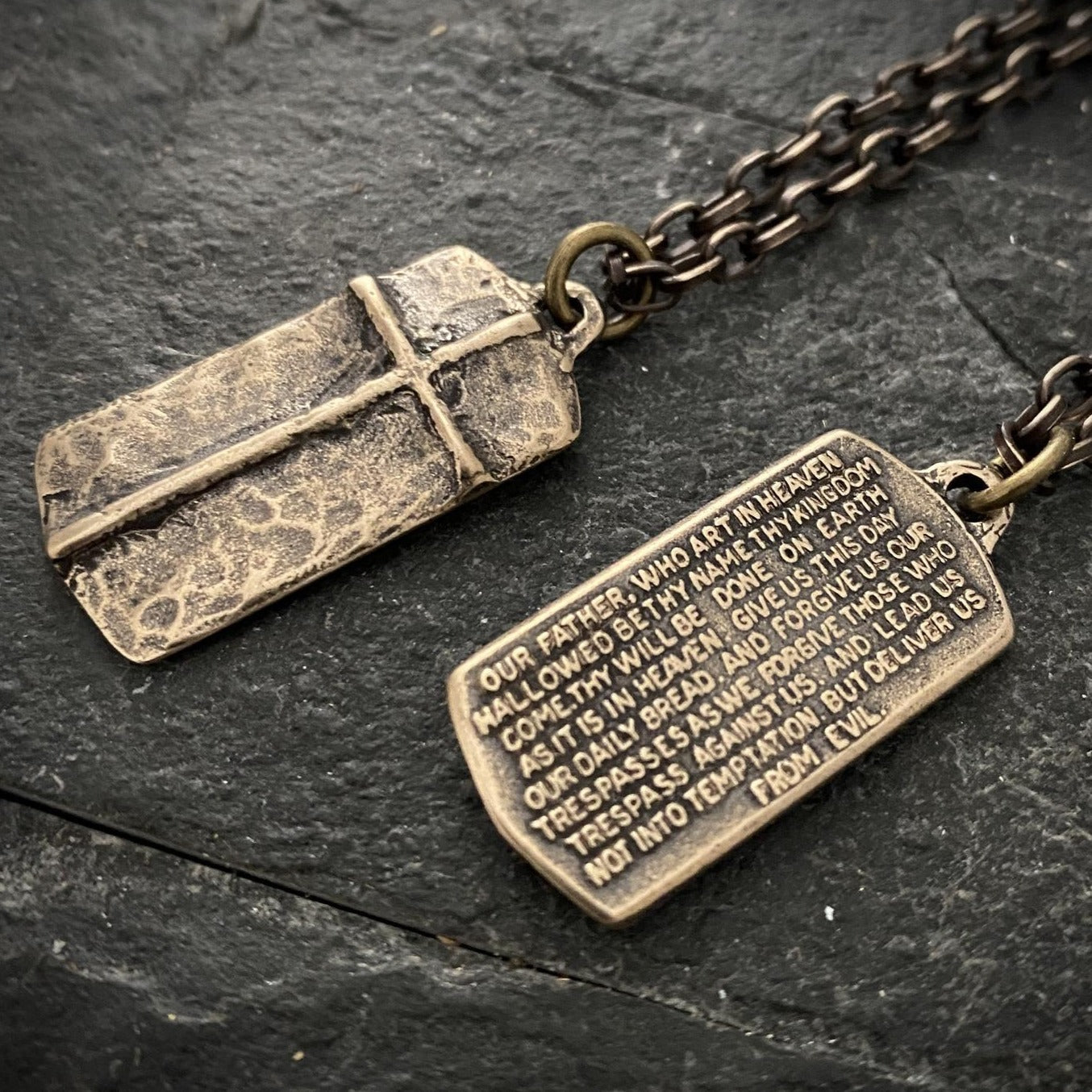 Bronze "The Lord's Prayer" and Ancient Cross Pendant w/ Brass Necklace | Inspiring Sobriety