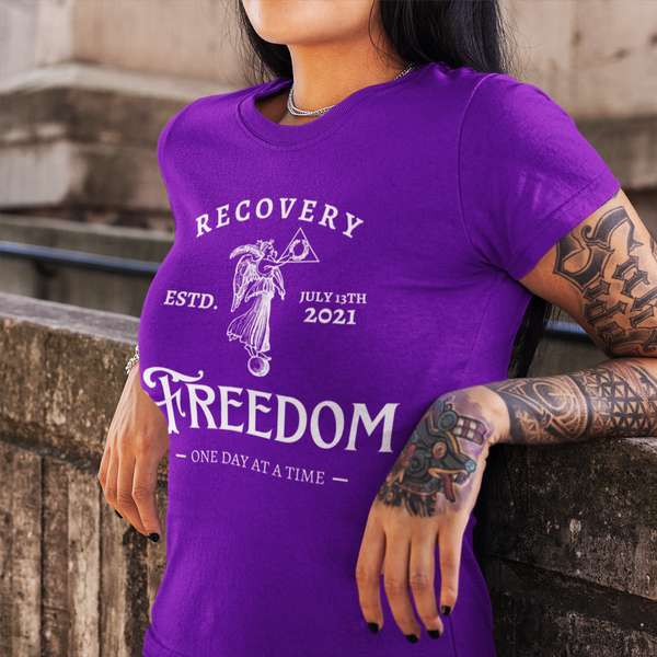 purple custom womens recovery sobriety date shirt by inspiring sobriety
