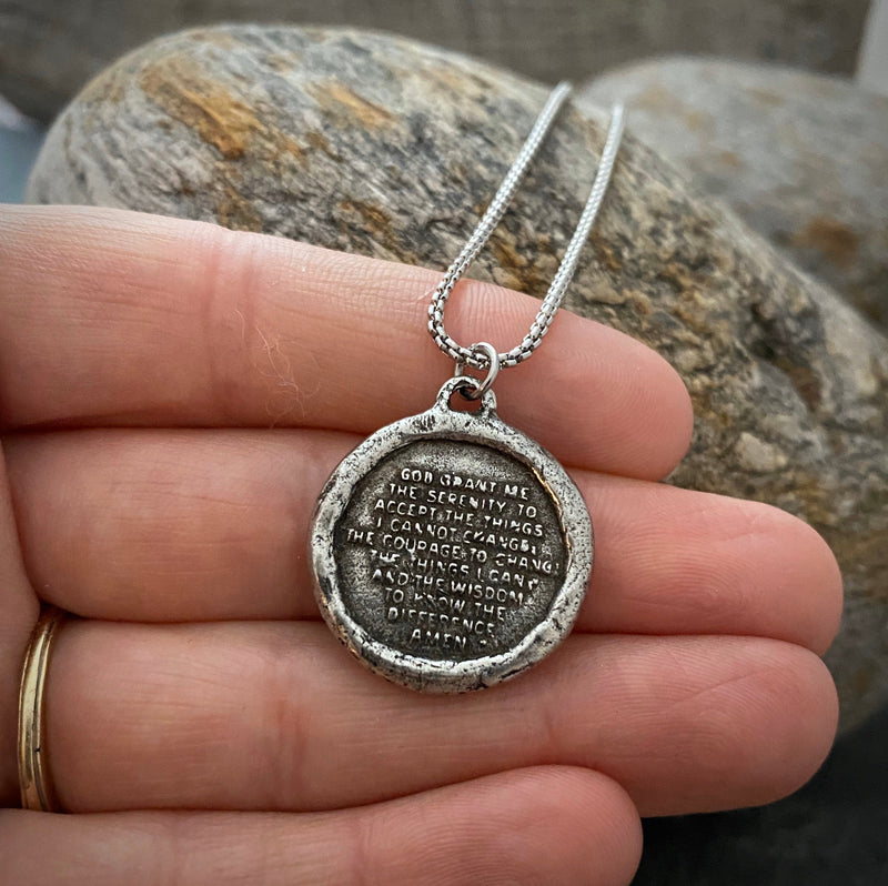 Pewter Serenity Prayer Pendant and SS Necklace | Inspiring Sobriety