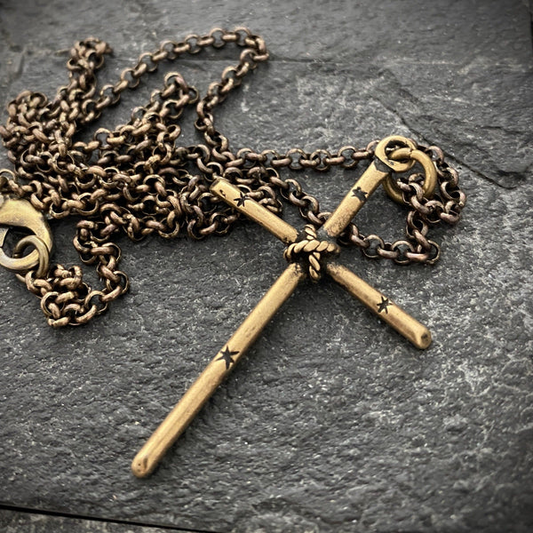 Solid Bronze Simple Rope Cross Necklace Inspiring Sobriety