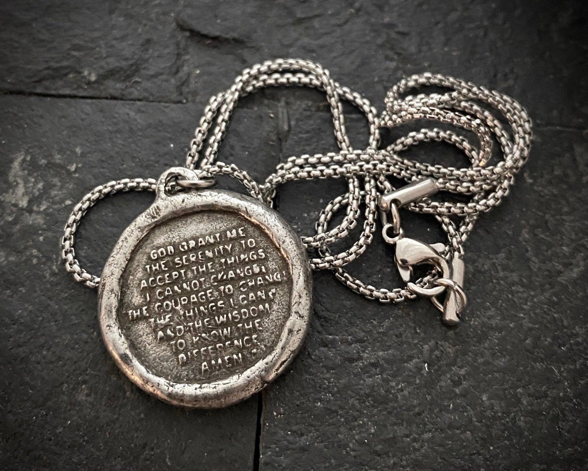 Pewter Serenity Prayer Pendant and SS Necklace | Inspiring Sobriety