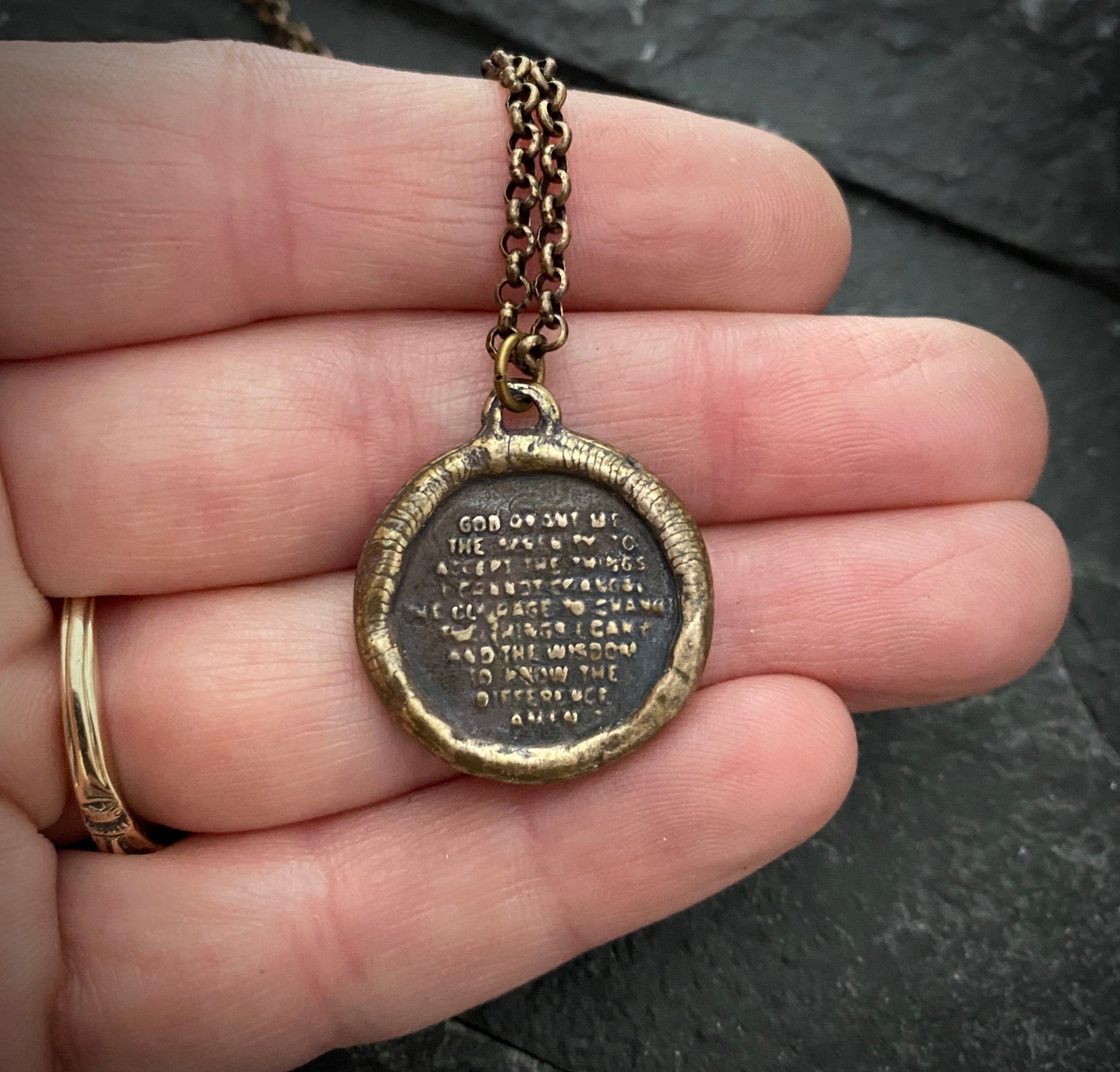 Bronze Serenity Prayer and Cross Pendant and Brass Necklace | Inspiring Sobriety