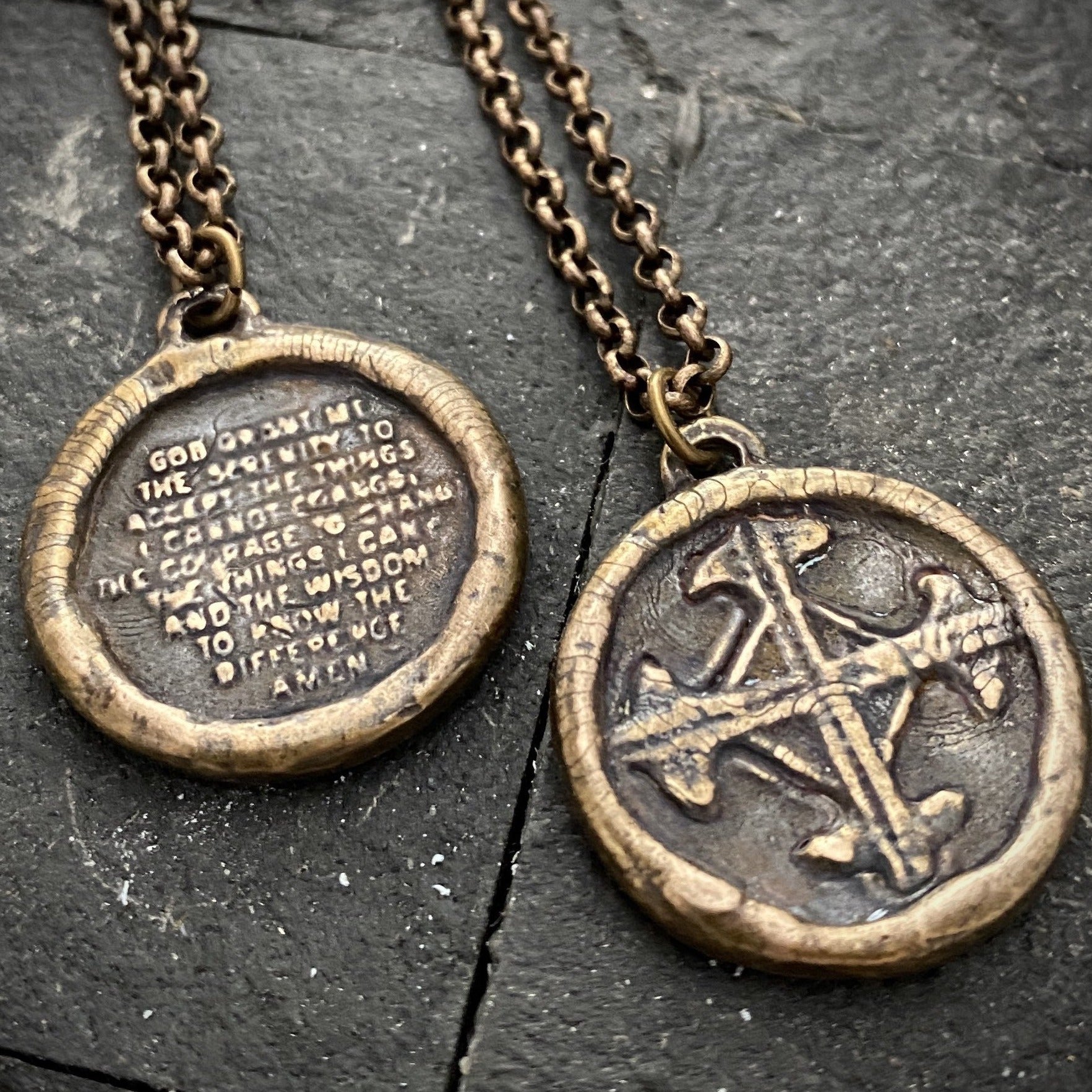 Bronze Serenity Prayer and Cross Pendant and Brass Necklace | Inspiring Sobriety