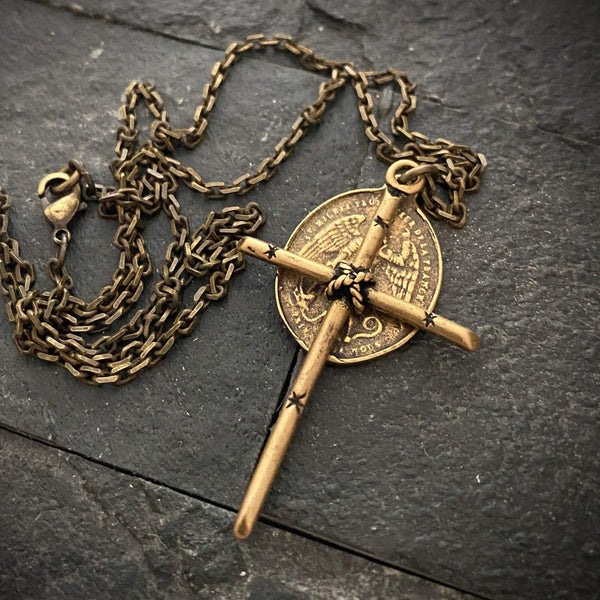 Antiqued Bronze Dual Cross and St Michael Pendant | Inspiring Sobriety