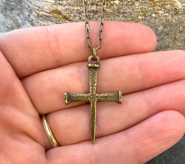 Nail Spike Christian Cross Solid Bronze Necklace | Inspiring Sobriety
