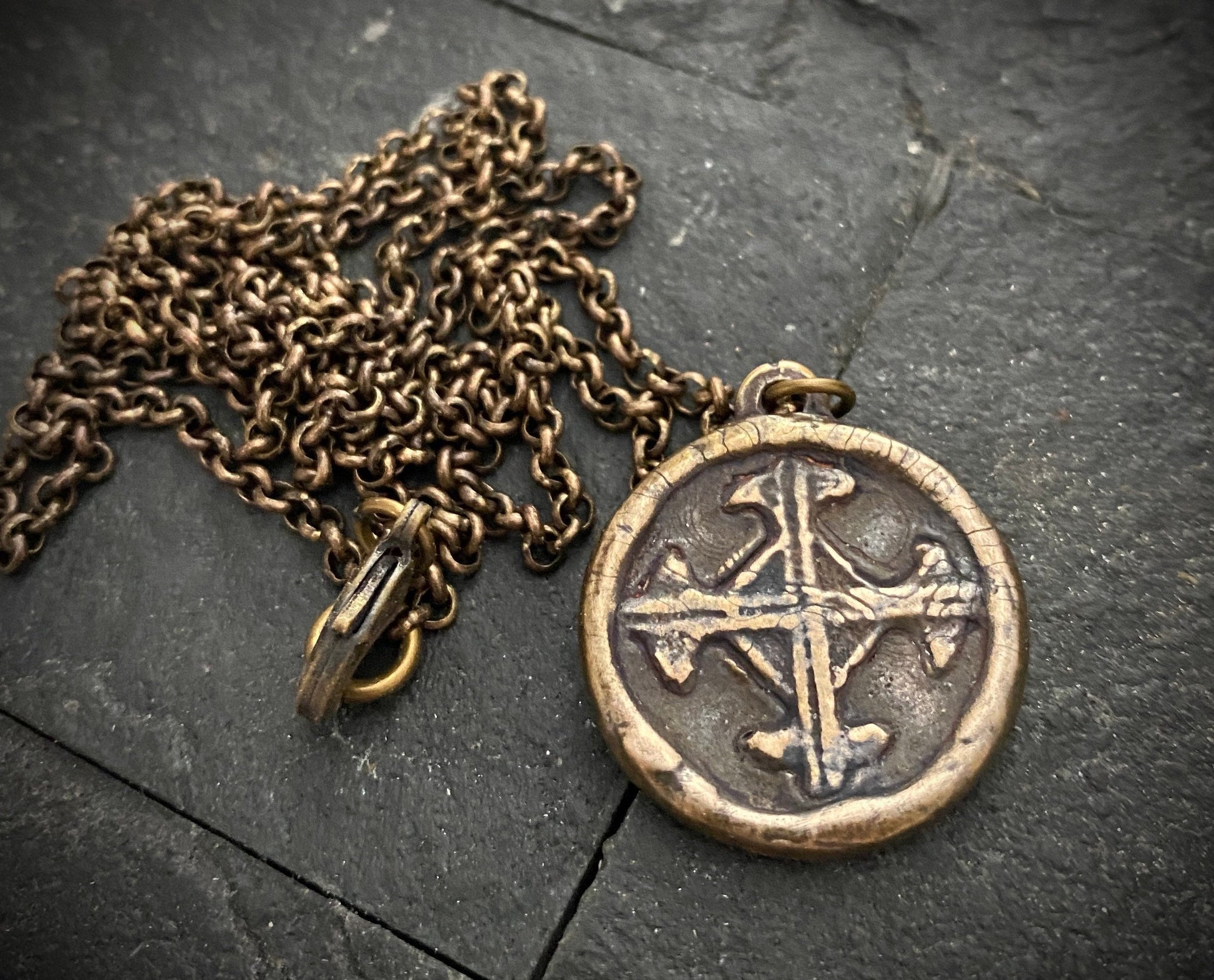 Bronze Serenity Prayer and Cross Pendant and Brass Necklace | Inspiring Sobriety