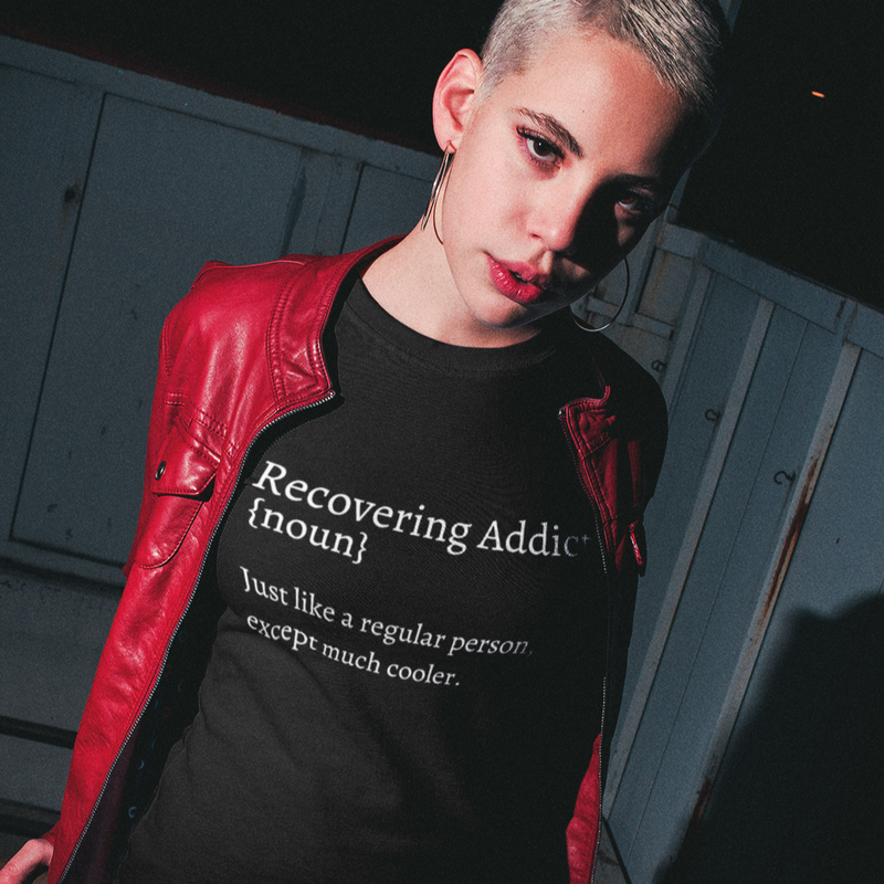 funny NA narcotics anonymous recovery dictionary definition of a recovering addict womens tshirt