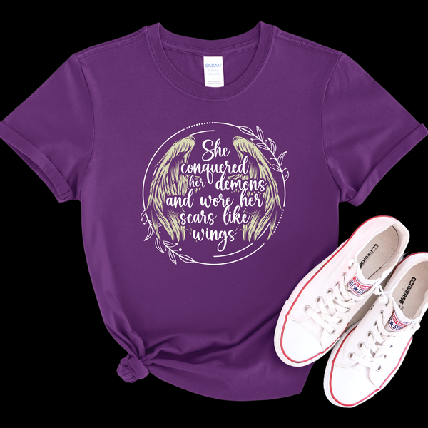 Unisex Recovery T-Shirt | Inspiring Sobriety | She Conquered Her Demons and wore her scars like wings